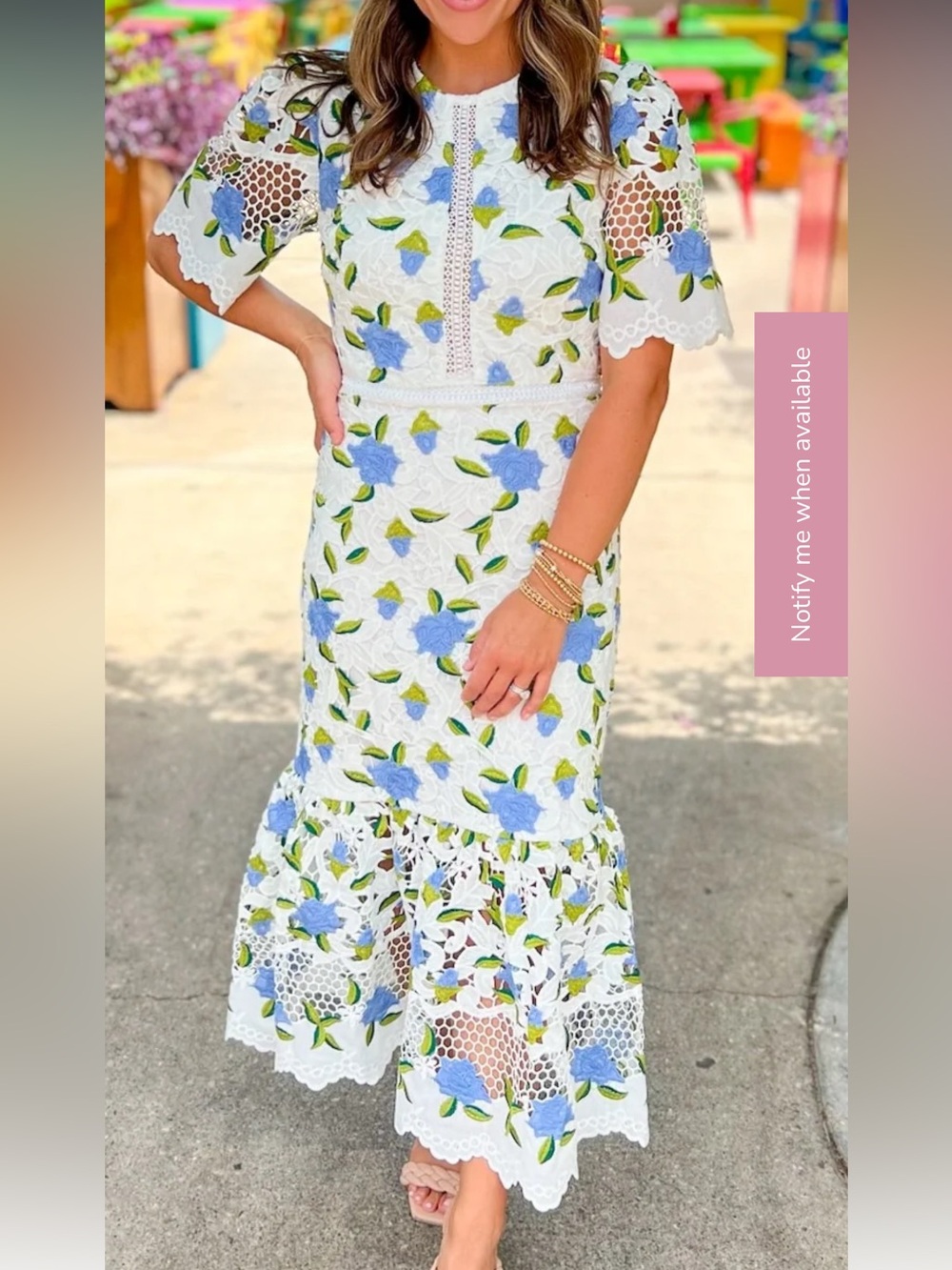 Just Me White Lace Dress with Blue Floral Embroidery